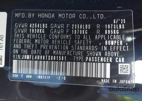 2026 Honda Civic Hybrid Sport Touring z USA, uszkodzony, nr VIN JHMFL4H98TX001581